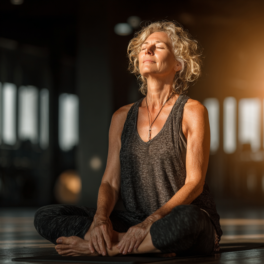 Senioren in entspannter Yoga-Pose